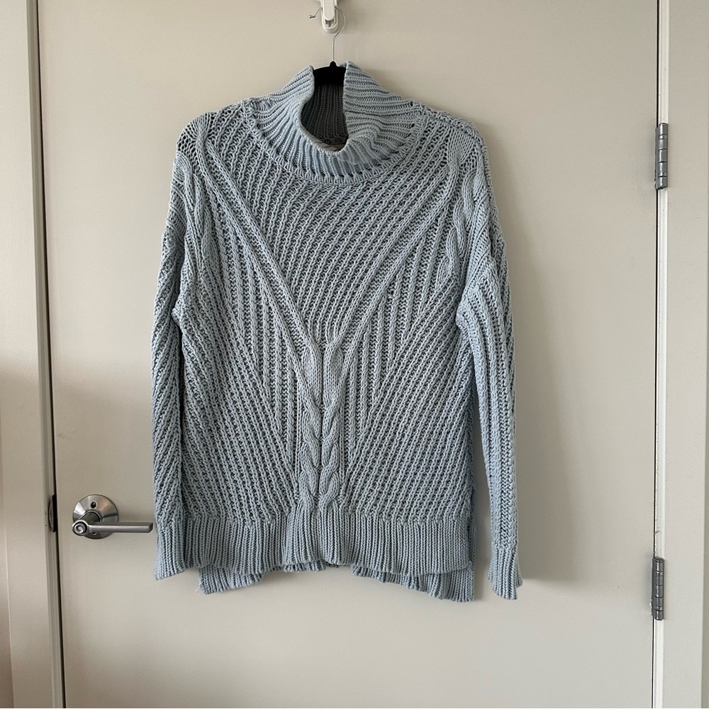 525 America Cable Knit Mock Sweater in Light Blue